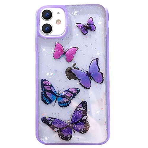 wzjgzdly Butterfly Bling Clear Case Compatible with iPhone 12 and iPhone 12 Pro 6.1 inch 2020, Glitter Case for Women Cute Slim Soft Slip Resistant Protective - Purple