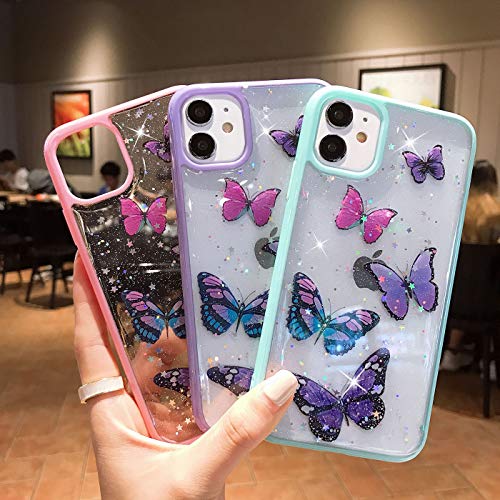 wzjgzdly Butterfly Bling Clear Case Compatible with iPhone 12 and iPhone 12 Pro 6.1 inch 2020, Glitter Case for Women Cute Slim Soft Slip Resistant Protective - Purple