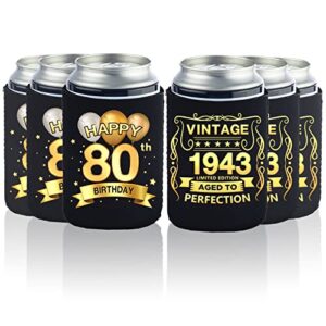 greatingreat 80th birthday can cooler sleeves pack of 12-80th anniversary decorations- vintage 1943-80th birthday party supplies - black and gold eightieth birthday cup coolers