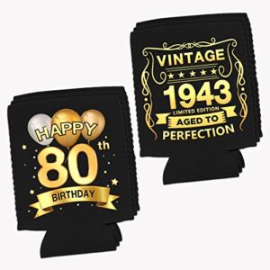 Greatingreat 80th Birthday Can Cooler Sleeves Pack of 12-80th Anniversary Decorations- Vintage 1943-80th Birthday Party Supplies - Black and Gold Eightieth Birthday Cup Coolers