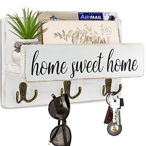 Decorative Key Hooks for Wall with Shelf,Farmhouse Mail and Keys Holder for Wall,Key Hanger Rack for Wall Entryway Mail Shelf,Mail Organizer Wall Mount,Hanging Mail Sorter with Shelf,Wood Mail Storage