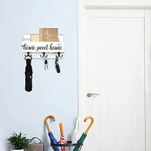 Decorative Key Hooks for Wall with Shelf,Farmhouse Mail and Keys Holder for Wall,Key Hanger Rack for Wall Entryway Mail Shelf,Mail Organizer Wall Mount,Hanging Mail Sorter with Shelf,Wood Mail Storage