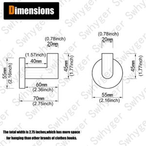 SWHYGER 2 Pack Stainless Steel Towel Hook Bathroom Heavy Duty Coat Hook Wall Mount Clothes Hook Hotel Style Robe Hook,Brushed Steel, 96018-8BS.