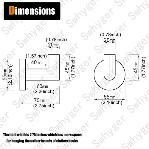 SWHYGER 2 Pack Stainless Steel Towel Hook Bathroom Heavy Duty Coat Hook Wall Mount Clothes Hook Hotel Style Robe Hook,Brushed Steel, 96018-8BS.