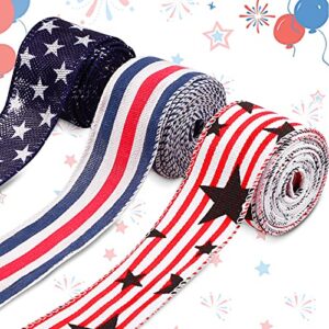 3 rolls patriotic wired ribbons independence day ribbon patriotic stripe wired ribbon usa flag star ribbon 4th of july ribbons for memorial day, veterans day, 4th of july, president's day decors