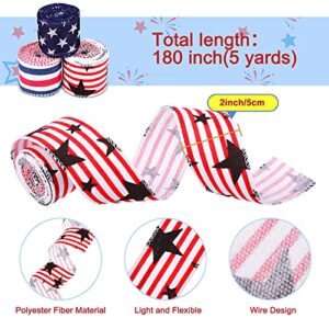 3 Rolls Patriotic Wired Ribbons Independence Day Ribbon Patriotic Stripe Wired Ribbon USA Flag Star Ribbon 4th of July Ribbons for Memorial Day, Veterans Day, 4th of July, President's Day Decors