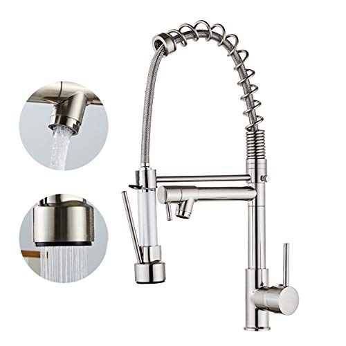 DEWINNER Pull Down Kitchen Faucet, Kitchen Sink Faucet with Sprayer, 2-spout, Single-Handle Control, Rotate 360 ​​Degrees, High Arc Spring Design, Brushed Nickel