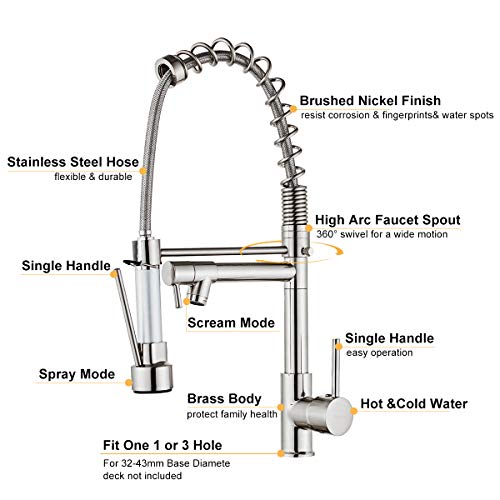 DEWINNER Pull Down Kitchen Faucet, Kitchen Sink Faucet with Sprayer, 2-spout, Single-Handle Control, Rotate 360 ​​Degrees, High Arc Spring Design, Brushed Nickel