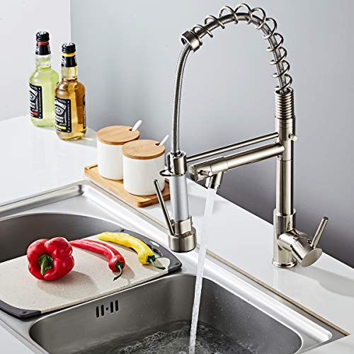 DEWINNER Pull Down Kitchen Faucet, Kitchen Sink Faucet with Sprayer, 2-spout, Single-Handle Control, Rotate 360 ​​Degrees, High Arc Spring Design, Brushed Nickel