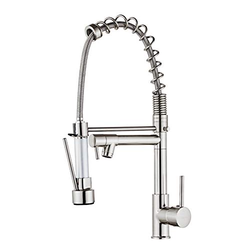 DEWINNER Pull Down Kitchen Faucet, Kitchen Sink Faucet with Sprayer, 2-spout, Single-Handle Control, Rotate 360 ​​Degrees, High Arc Spring Design, Brushed Nickel