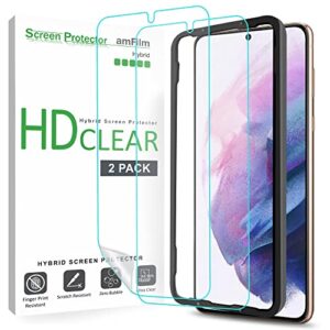 (2 pack) amfilm screen protector for samsung galaxy s21 plus 5g 6.7 inch (2021), fingerprint id compatible, hd clear, flex film not glass, case friendly with easy installation tray