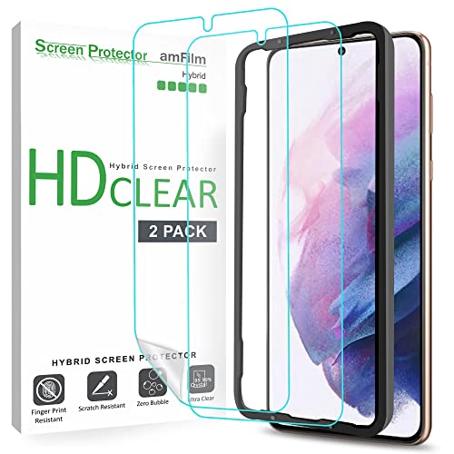 (2 Pack) amFilm Screen Protector for Samsung Galaxy S21 Plus 5G 6.7 inch (2021), Fingerprint ID Compatible, HD Clear, Flex Film NOT Glass, Case Friendly with Easy Installation Tray