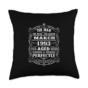 Birthday 365 Vintage March 1993 Birthday Gift for Men Throw Pillow, 18x18, Multicolor