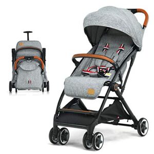 baby joy lightweight baby stroller, compact toddler travel stroller for airplane, infant stroller w/ 5-point harness, adjustable backrest/footrest/canopy, storage basket, easy one-hand fold, gray