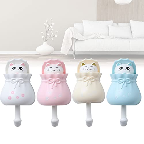 NUANNUAN 4 Pieces Coat Hooks Cute Cat Shape Punch Free Adhesive Hooks, Plastic Creative Home Storage Utility Wall Decorations Hanger Holder for Hanging Hat Towel Backpacks Key Scarf Bags