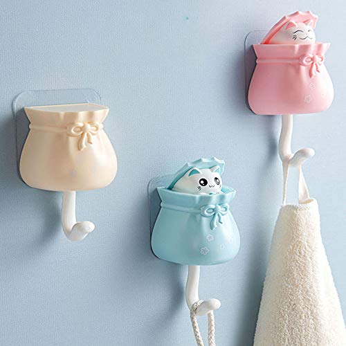 NUANNUAN 4 Pieces Coat Hooks Cute Cat Shape Punch Free Adhesive Hooks, Plastic Creative Home Storage Utility Wall Decorations Hanger Holder for Hanging Hat Towel Backpacks Key Scarf Bags