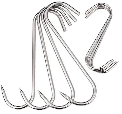 4pcs 10inch 8mm Thick Meat Hooks +4pcs 6inch 3mm S-Hook,Alele Stainless Steel Butcher Hook for Hanging Pork Belly or Beef