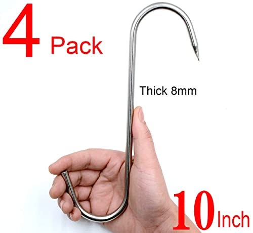 4pcs 10inch 8mm Thick Meat Hooks +4pcs 6inch 3mm S-Hook,Alele Stainless Steel Butcher Hook for Hanging Pork Belly or Beef