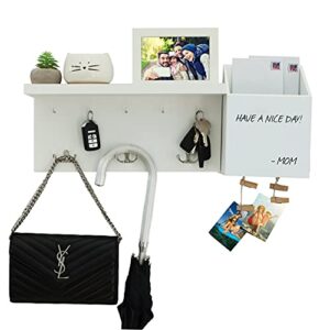 mail & key organizer wall mount - with key hooks mail organizer holder white board and photo station. organize and sort keys, letters, and your agenda with a wood mounted hanging shelf (white)
