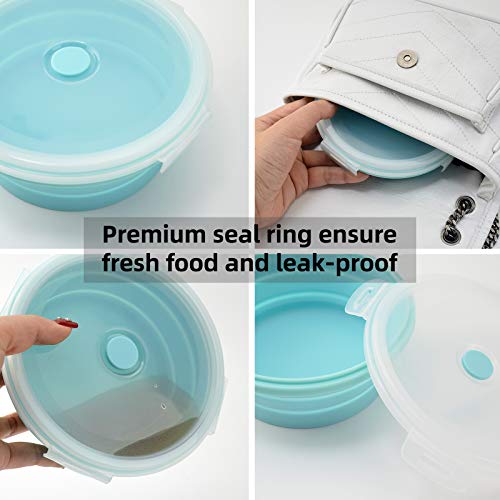 ULEE Silicone Collapsible Food Storage Containers,Set of 4 Round Folding Silicone Lunch Box,Microwave and Freezer Safe (Blue, Round)