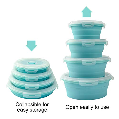 ULEE Silicone Collapsible Food Storage Containers,Set of 4 Round Folding Silicone Lunch Box,Microwave and Freezer Safe (Blue, Round)