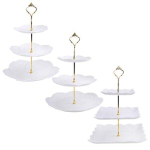 tosnail 3 pack 3 tiers white plastic cupcake stand dessert stand tiered serving trays with gold rod - round, square, flower
