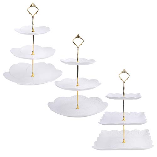 Tosnail 3 Pack 3 Tiers White Plastic Cupcake Stand Dessert Stand Tiered Serving Trays with Gold Rod - Round, Square, Flower