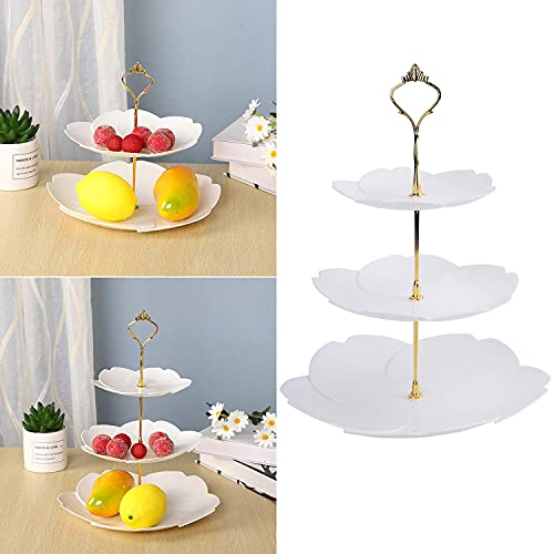 Tosnail 3 Pack 3 Tiers White Plastic Cupcake Stand Dessert Stand Tiered Serving Trays with Gold Rod - Round, Square, Flower