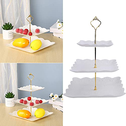 Tosnail 3 Pack 3 Tiers White Plastic Cupcake Stand Dessert Stand Tiered Serving Trays with Gold Rod - Round, Square, Flower