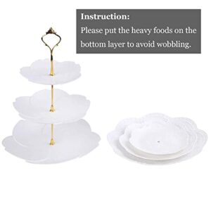 Tosnail 3 Pack 3 Tiers White Plastic Cupcake Stand Dessert Stand Tiered Serving Trays with Gold Rod - Round, Square, Flower