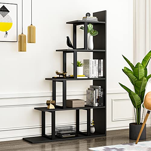 YITAHOME 5-Shelf Bookshelf, L-Shape Freestanding Ladder Corner Bookcase, Modern Minimalist Style Multipurpose Storage Display Rack for Living Room Bedroom Hallway Office, Black