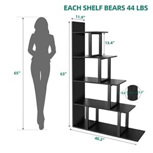 YITAHOME 5-Shelf Bookshelf, L-Shape Freestanding Ladder Corner Bookcase, Modern Minimalist Style Multipurpose Storage Display Rack for Living Room Bedroom Hallway Office, Black