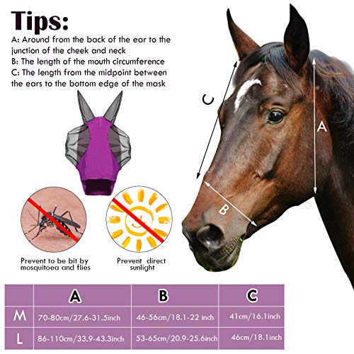 2 Pieces Horse Fly Mask Horse Mask with Ears Smooth and Elasticity Fly Mask with UV Protection (L, Purple, Pink)