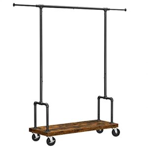 vasagle rolling clothes rack, garment rack for hanging clothes with wheels, hanging rail and shelf, heavy-duty, industrial pipe design, rustic brown and black urgr110b01