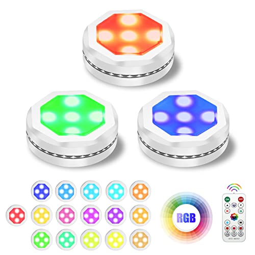 UYICOO Led Puck Lights with Remote Control, Wireless Color Changing Dimmable Under Cabinet Lighting, 3500K Battery Operated Sticker Light with Timing, Under Counter Lights for Closet