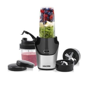 kalorik nbl 45545 bullet blender set (34 oz | 15.2 oz) high-speed portable fitness blender set with personal blending cup, grinding cup, seal lids, & to-go lid | 1000w | black & stainless steel