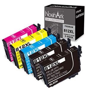noahark 5 packs 812xl remanufactured ink cartridge replacement for epson 812 812xl t812 t812xl high yield ink for workforce pro wf-7820 wf-7840 ec-c7000(a3) printer (black cyan magenta yellow, 5-pack)