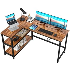 greenforest l shaped desk 51x35.4 inch reversible corner gaming computer desk with storage shelves for home office pc workstation laptop table, walnut