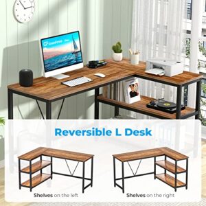 GreenForest L Shaped Desk 51x35.4 inch Reversible Corner Gaming Computer Desk with Storage Shelves for Home Office PC Workstation Laptop Table, Walnut