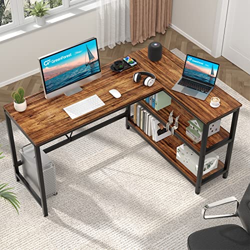 GreenForest L Shaped Desk 51x35.4 inch Reversible Corner Gaming Computer Desk with Storage Shelves for Home Office PC Workstation Laptop Table, Walnut