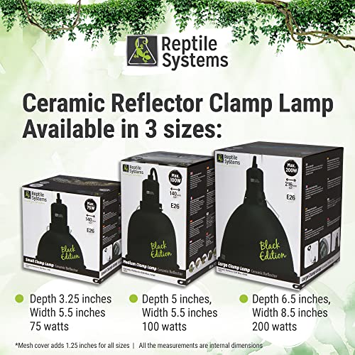 Reptile Systems Ceramic Reflector Clamp Lamp - Black Edition - Basking Lamp Bulb Holder for Terrariums, Vivariums, Paludariums, Enclosures & Cages - Large 8.5" Diameter - 200watt - E26