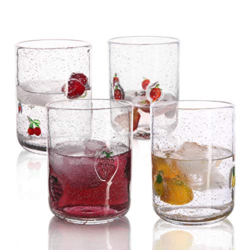 EVEREST GLOBAL Hand Blown Cute Bubble Fruit Decal Glasses set of 4, 15.4 oz Crystal Clear Home Decor Lovely Drinking Water Cups Gifts for Women