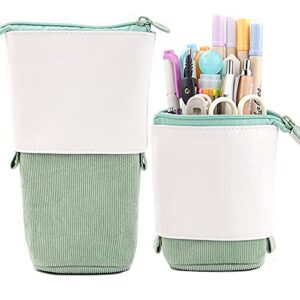 friinder telescopic pen pencil holder stationery case, pu corduroy stand-up retractable transformer bag colorful organizer, great for christmas holiday gift (green)
