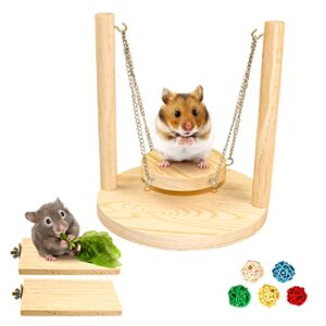 3 Pcs Hamster Enrichment Toy, Natural Wooden Hamster Swing with Base Durable Chinchilla Ledge Increase Activity Rodent Playground for Dwarf Hamster Gerbil Budgie Finch