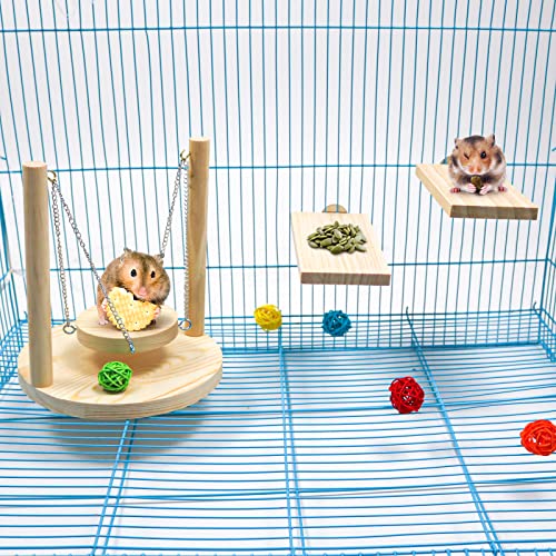 3 Pcs Hamster Enrichment Toy, Natural Wooden Hamster Swing with Base Durable Chinchilla Ledge Increase Activity Rodent Playground for Dwarf Hamster Gerbil Budgie Finch