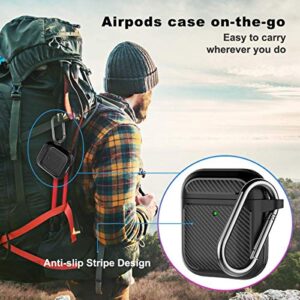 Compatible Airpod Case for Men Full-Body Rugged Protective Carbon Fiber airpod case Texture Skin Series for Apple AirPods 2 & 1 case Cover with Keychain for Apple Airpods-Black