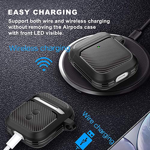 Compatible Airpod Case for Men Full-Body Rugged Protective Carbon Fiber airpod case Texture Skin Series for Apple AirPods 2 & 1 case Cover with Keychain for Apple Airpods-Black
