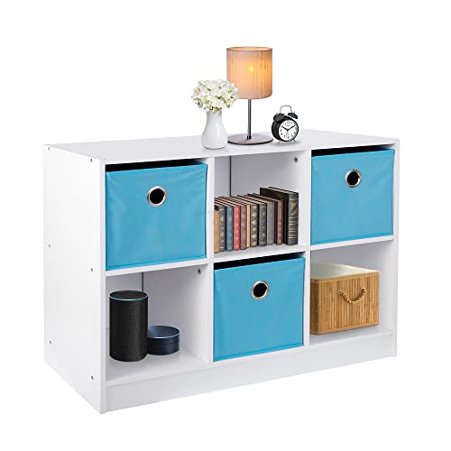 SUPER DEAL 6 Cube Storage Shelf Organizer, 3 x 2 Wood Bookcase with 3 Bins Wide Display Bookshelf System Toy Storage Cabinet for Kids Bedroom Living Room, White/Light Blue