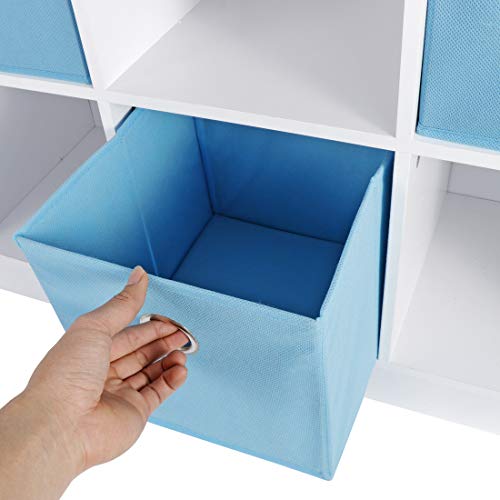 SUPER DEAL 6 Cube Storage Shelf Organizer, 3 x 2 Wood Bookcase with 3 Bins Wide Display Bookshelf System Toy Storage Cabinet for Kids Bedroom Living Room, White/Light Blue