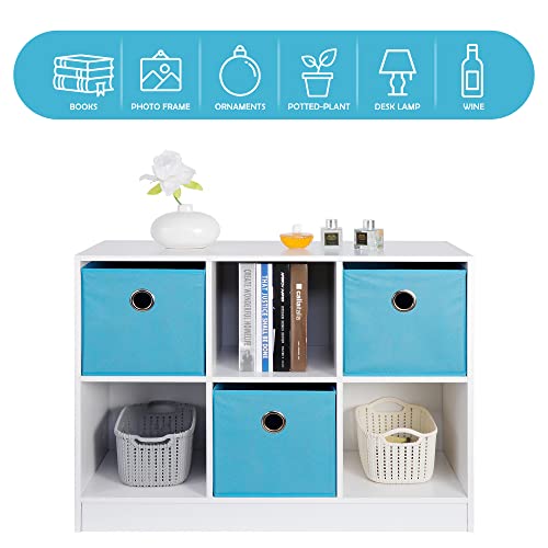 SUPER DEAL 6 Cube Storage Shelf Organizer, 3 x 2 Wood Bookcase with 3 Bins Wide Display Bookshelf System Toy Storage Cabinet for Kids Bedroom Living Room, White/Light Blue